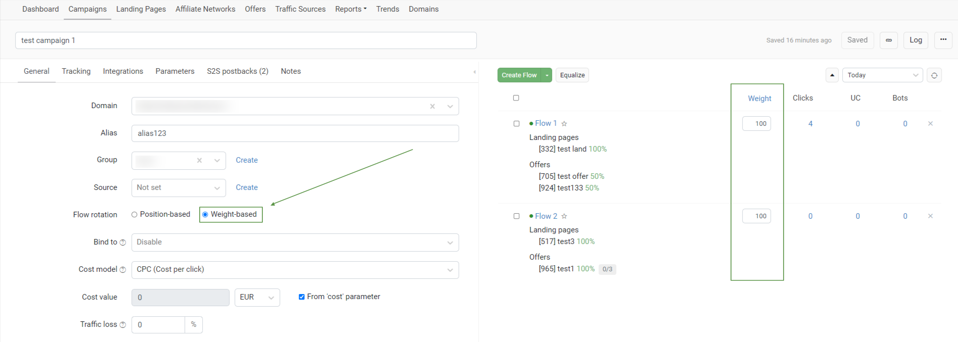 Example of flow split testing setup